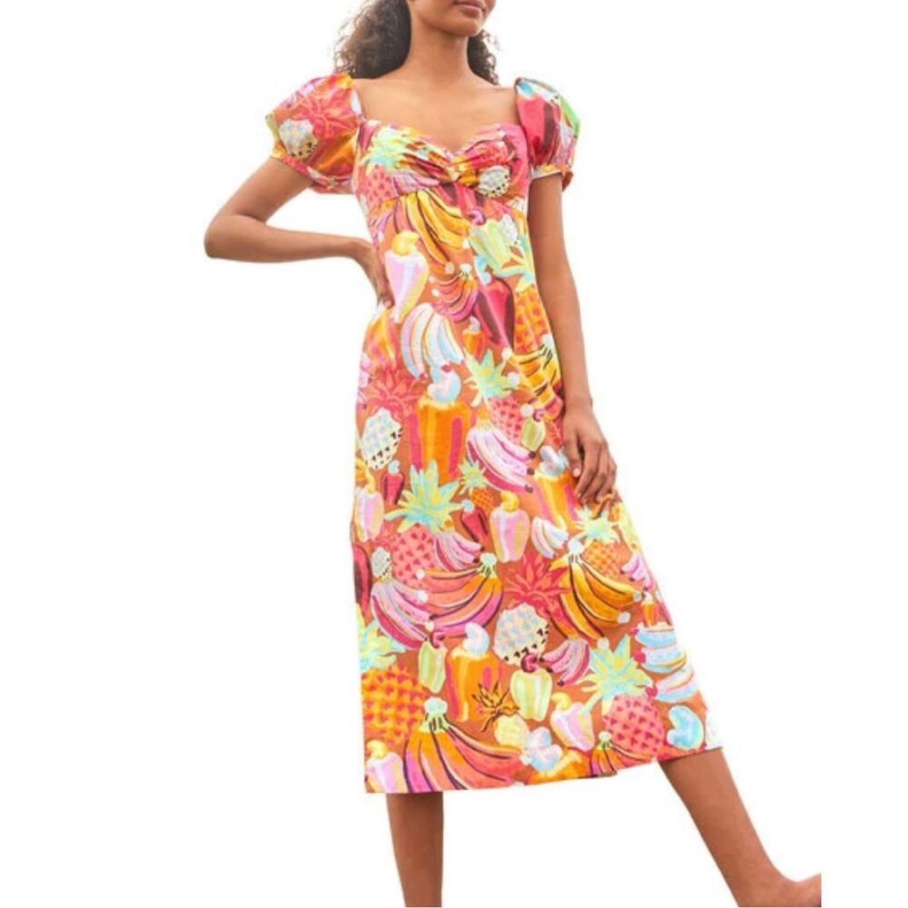 Farm Rio Fruit Salad Midi Womens Cotton Short Puff Sleeve Midi Dress Medium $225